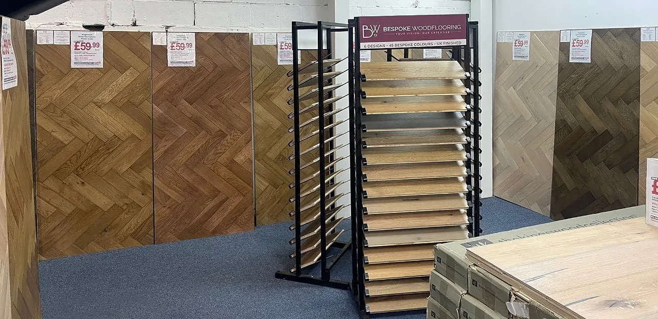 Diverse array of bespoke and engineered wood flooring designs showcased at Flooring Factory Outlet's Croydon showroom.